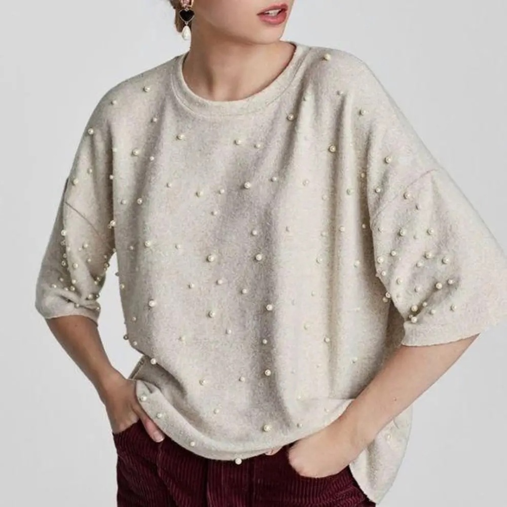 Chic Cream Sweater with Pearl Detailing